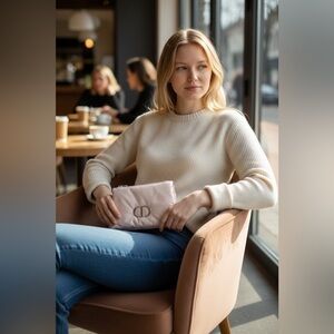 Chic Cream Knit Sweater with Blush Pouch